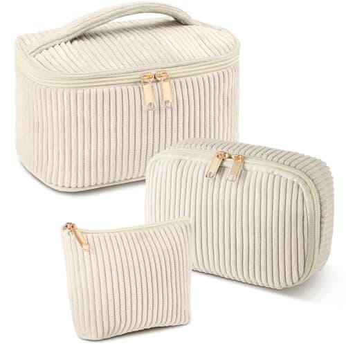 Aucuu Corduroy Cosmetic Bag, 3 Pcs Makeup Bag, Large, Medium and Small Cosmetic Bag, Striped Corduroy Portable Bag with Metal Zipper, Travel Cosmetic Bags Organizer for Women, Travel, School, Gift