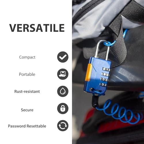 UP Security Ski Lock, Combo Lock with Retractable Cable (36in), Padlock Combination with Cable for Snowboard, Bike, Luggage, Suitcase, Locker, Fridge, Refrigerator, Cabinet, Outdoor Fence (Blue) — view 3