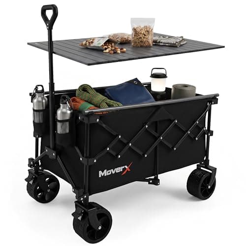 MoverX 200L Camping Trolley on Wheels, Table Folding Wagon, Portable Camping Cart, Foldable Trolly for Festival Beach Outdoor Garden Picnic Shopping Fishing, Wide Wheels, Adjustable Handle, Black