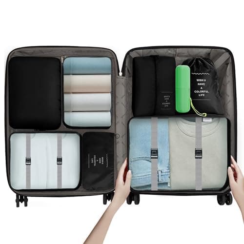 ASAB 9Pcs Packing Cubes for Travel Suitcases Portable Space Saving Double Zippered Suitcase Organiser Bags with Buckle Design Shoes Cosmetics Toiletries Waterproof Luggage Cubes Storage Bags (Black) — view 6