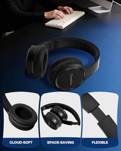 TuneFlux Bluetooth Headphones,70H Playtime Bluetooth 6.0 Wireless Headphones,3 EQ Music Modes Foldable Lightweight Over Ear Headset with Clear Call,HiFi Deep Bass for Home Office Travel (Black) — view 6