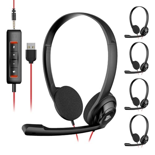 NUBWO USB Headset with Microphone for Laptop PC, Headphones with Noise Cancelling Microphone for Computer, On-Ear Wired Office Call Center Headset for Boom Skype Webinars, 5 Packs