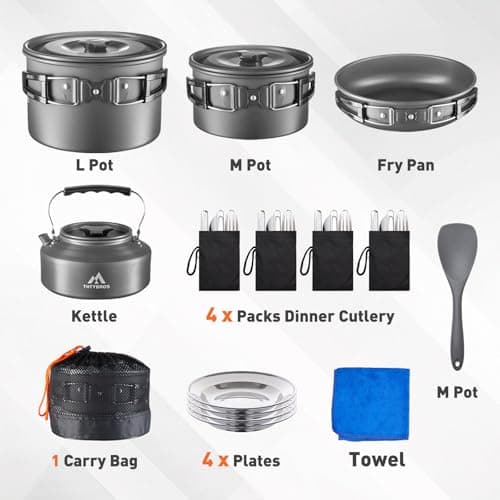 THTYBROS 27-Piece Camping Cookware Set for 2–4 People, Portable Cooking Set with Kettle, Pots & Pans, Stainless Steel Cutlery, Plates and Dishware for Trekking, Picnics and Outdoor Adventures — view 2