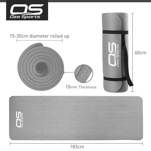 OZE SPORTS Yoga Mat, NBR Foam, Extra Thick, Non-Slip, High Density, Large, for Pilates, Gymnastics, HiiT and Fitness, with Carry Strap (Grey) — view 4