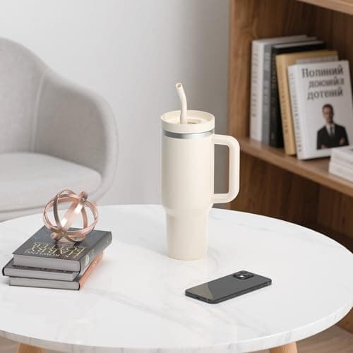 LEIKEEGO Travel Mug Coffee Cup, 1200ml/40oz Tumbler with Straw and Lid, Stainless Steel Double Wall Vacuum Insulated Coffee Cup with Handle-Keeps Cold for 24H-Hot for 12H(Cream Tonal) — view 2