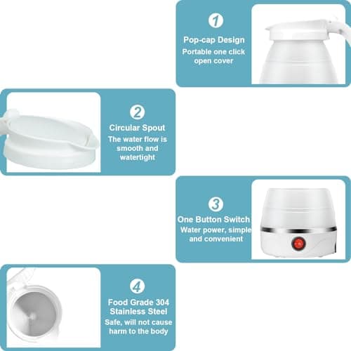 OXNSHEJW Foldable Electric Kettle, Mini Travel Kettle, 600ML Silicone Collapsible Kettle, Electric Tea Coffee Maker Portable Travel Kettles with Separable Power Cord for Outdoor Hiking Camping (White) — view 2
