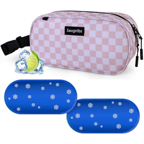 Saugnlbs Small Insulated Bag,Cool Bag Small,Mini Cool Bag,Freezable Lunch with 2 Ice Packs for Work School Travel,Freezable Snack Box for Adults,10“ x 4”x 5”Round,Gold-Grid