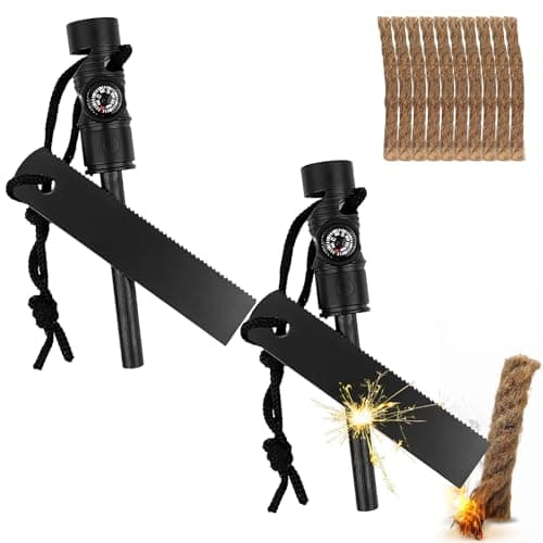 2 Pcs Flint Fire Starter Kit, Survival Fire Steel Premium Ferro Rod with 10 Pcs Fire Starter Hemp Rope, Including Whistle, Compass, Scraper with Scale for Camping Hiking Outdoor (Black)