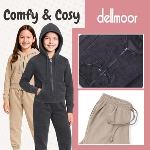 DELLMOOR Girl’s 2 Piece Tracksuits Teenagers Two Piece Terry Cotton Activewear Long Sleeve Outfit Zipped Fleece Hoodie and Jogging Bottom Set for Girls, Beige, 13-14 Years — view 5