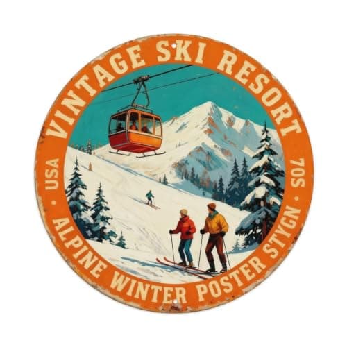 Retro 70s Ski Resort Alpine Winter Travel Poster Metal Tin Sign Plaque