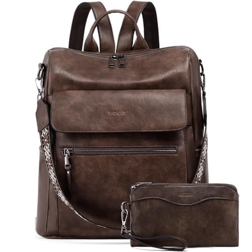 VASCHY Backpack for Women, Large Vegan Leather Rucksack with Wallet Set Convertible Handbag for Lady Guitar Strap