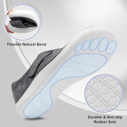 Men's Wide Walking Shoes Extra Wide Adjustable Slip On Orthopedic Barefoot Zero Drop Sneakers for Swollen Feet (Grey, Adult, Men, 8.5, Numeric, UK Footwear Size System, Wide) — view 6