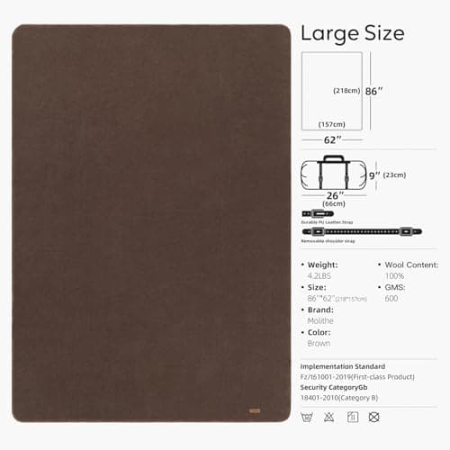Molithe 100% Wool Blanket, 62" x 86", Warm, Thick, Washable, Military Wool Blanket, Great for Camping, Outdoors, Sporting Events, Survival Kits, Brown — view 6