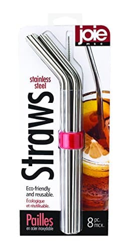 Joie Reusable Metal Straws, Stainless Steel Drinking Straws with Cleaning Brush & Travel Case, Silver, 6 count