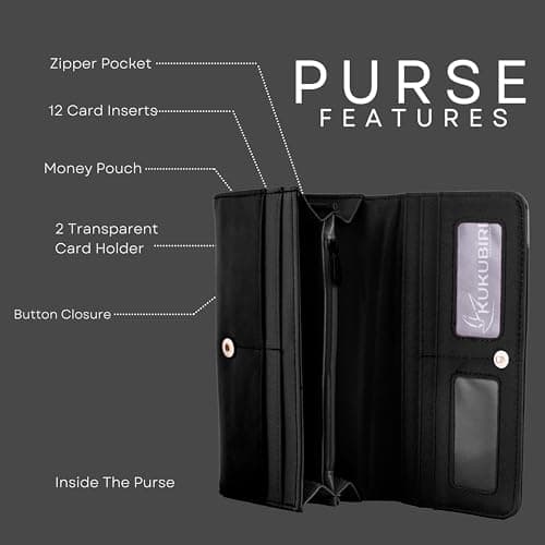 kukubird Large PU Leather Zipper Coin Pocket Wallet, Black Floral Elephant, L, Classic — view 4