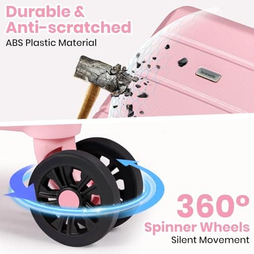 H.yeed Luggage Sets of 5 Piece, Lightweight Trolley Travel Suitcase Set ABS Hard Shell with 4 Spinner Wheels TSA Lock for Man Women, 21" + 24" + 28"+ Duffels Bag & Toiletry Bag (Pink, 5 Piece Set) — view 4