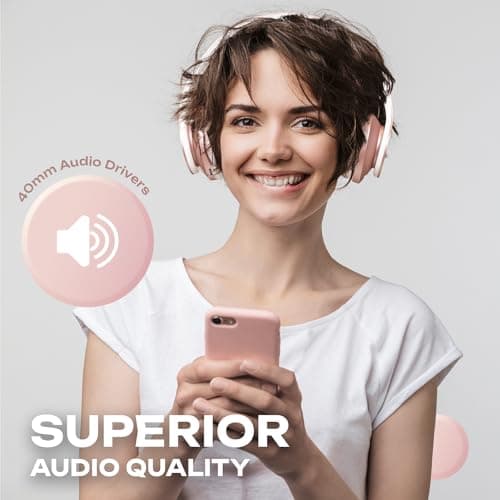 PowerLocus Wireless Bluetooth Over-Ear Stereo Foldable Headphones, Wired Headsets Noise Cancelling with Built-in Microphone for iPhone, Samsung, LG, iPad (Rose Gold) — view 3