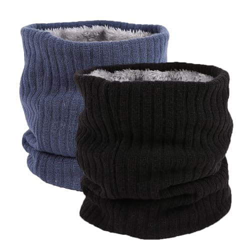 ATSNOSH 2 Pcs Neck Warmer for Men Women, Tube Scarf, Winter Windproof Thermal Fleece Neck Gaiters,Thermal Knitted Snood Scarf, for Motorcycle Running Cycling Ski (Black+Navy blue)