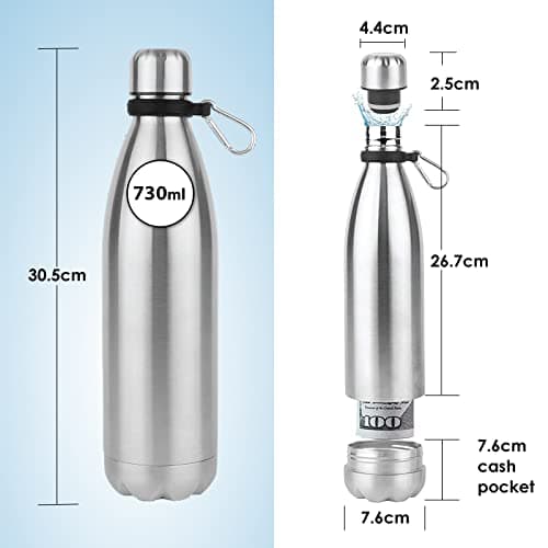 Domemit Diversion Safe Water Bottle Stainless Steel Stash Can, Portable Beach Travel Safe for Valuables with Hidden Compartment, Leak Proof Insulated Bottle for Hot and Cold Drinks, Sliver, 730ml — view 4