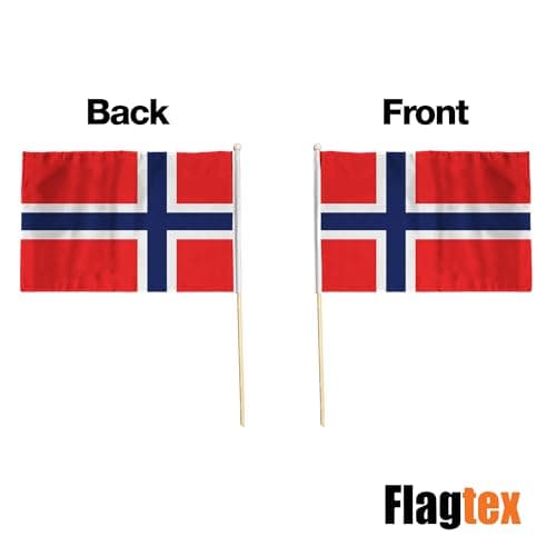Flagtex Norway Pack of 2 Hand Waving Flag (18x12 Inch Large) - Premium Wooden Stick Hand Flag Big Size Natural Wood Pole European Red White Blue Nordic Cross Flag Events Parades — view 6