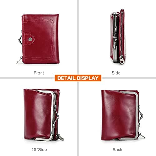 CONTACTS Womens RFID Wallet with Kiss Lock,Genuine Leather Ladies Compact Bifold Coin Purse with Zip Pocket Vintage,Credit Card Holder Small Clutch with ID Window Red — view 3