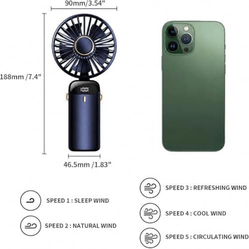 Refluxe Portable Handheld Fan, 4200mAh USB Fan with LED Display, 3-in-1 Handheld/Neck/Desktop Fan, 90° Adjustable Foldable, for Summer, Office, Bedroom, Travel, Gifts for Adult & Kid (Dark Blue) — view 3