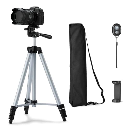 Amazon Basics 127cm/50inch Phone and DSLR Camera Tripod, Lightweight, with Bag, Wireless Remote Control and Phone Holder, Adjustable Height, Silver