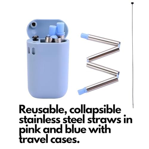 2 x His and Hers Collapsible Straw with Travel case (Stainless Steel) | Pink and Blue Foldable Straws | Reusable Environmentally Friendly Drinking Straw with Bonus Cleaning Brush | Portable Metal — view 4