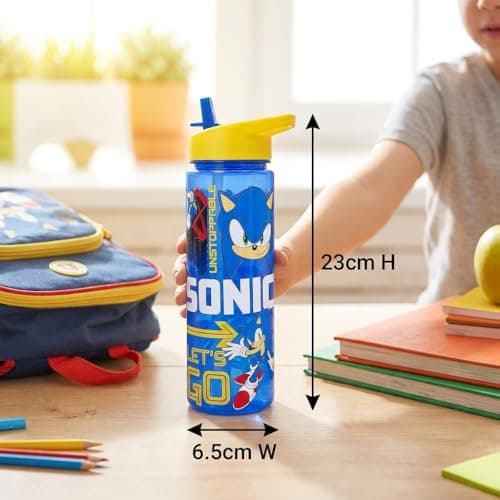 Sonic The Hedgehog 600ml Kids Water Bottle with Flip Spout & Straw – BPA Free Leak Proof Sports Drinks Bottle with Carry Loop – SEGA Official Sonic ‘Unstoppable’ Design, Blue — view 2
