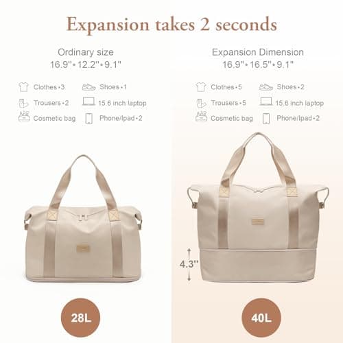VNINE Travel Bag for Women, Expandable Weekend Bags Sports Gym Bag Waterproof Overnight Bag Carry On Bag Lightweight Hospital Bag Duffel for Airplane Flight Beige — view 2