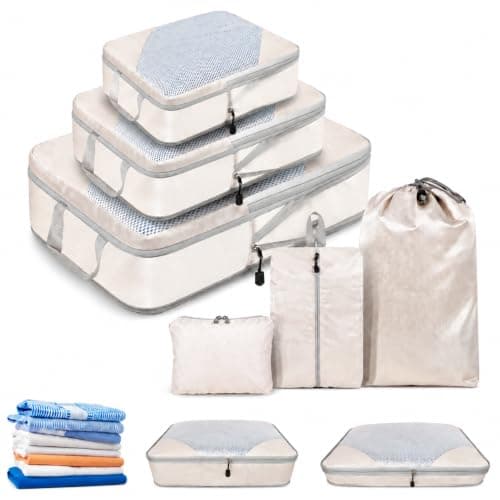 MOLICRAIN Compression Packing Cubes for Suitcase, 6 PCS Ultralight Travel Organiser Packing Bags, Extensible Luggage Organiser, Suitcase Organizer, Packing Cubes for Cabin Luggage(Beige)