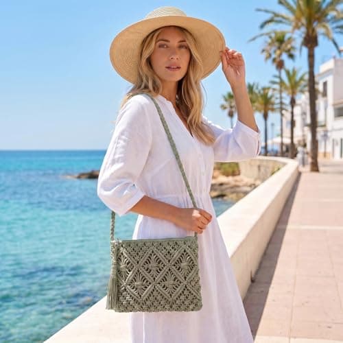 Sahunfri Straw Crossbody Bag for Women Bohemian Shoulder Bag Woven Crochet Purse For Summer Beach Travel Clutch Handbag (Green) — view 3
