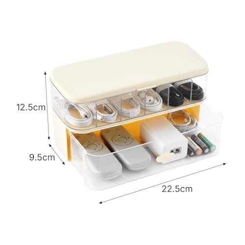 EVERGOODS Dual Layer Charger Storage Box 7 Compartment Data Tidy Cable Management Box, Cord Organizer Box for Desk - Holds Chargers Plastic Storage Box for Charger Organiser (Cream, 8.9"x3.7"x4.9") — view 4