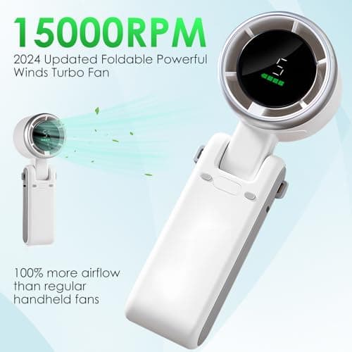 Portable Handheld Mini Turbo Fan, USB Rechargeable Travel Neck Fan with 5 Speeds, 3600mAh Battery & 15000RPM Speed, Up to 12 Working Hours, 3 IN 1 Foldable Personal Cooling Fan for Travel/Home/Office — view 2