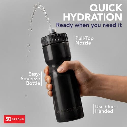 50 Strong Sports Water Bottles 6-Pack – Reusable 22 oz BPA-Free Plastic Bottles with Pull Top Cap – Made in USA – Top Rack Dishwasher Safe – Fits Most Bike Cages Brand - Black — view 2
