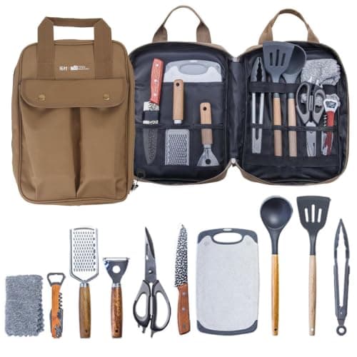 Sadodo 11 PCS Camping Utensils Set — Wood Handle Cookware with Storage Bag