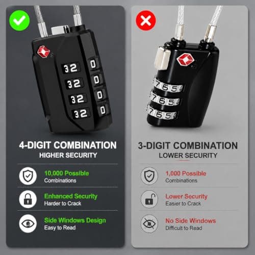 Diyife TSA Luggage Locks, [2 Packs] [Long Shackle] 4 Digit High Security Suitcase Padlocks, Flexible Combination Cable Padlock, Travel Lock for Travel Suitcases Luggage Bag Case (Black) — view 5