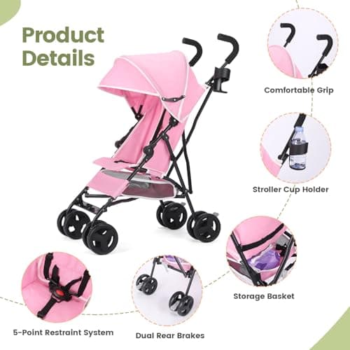 Baby Stroller, Travel Umbrella Stroller with Foldable Pushchair with Adjustable Canopy, Folding Infant Pram Stroller with Storage Basket, Cup Holder, Suspension Wheels for Infants 3-36M(Pink) — view 5