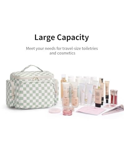 Narwey Wash Bag Women, Large Hanging Toiletry Bags for Women, Travel Bag for Full Size Toiletries, Large Capacity Makeup Cosmetic Bags with Wet Pocket for Travel Essentials (Mint Green Checkerboard) — view 6