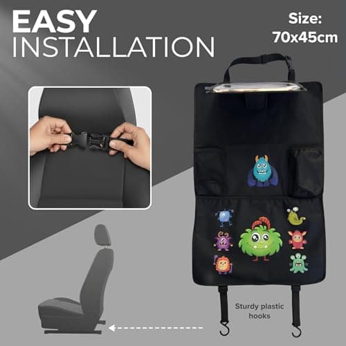 HECKBO 1x Monster Children’s Car Back Seat Organiser with Touch Tablet Holder – Insulated Drinks – Extra Large Storage Compartment – Easy Installation — view 4