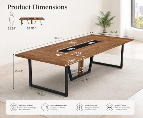 8FT Conference Table with V-S Cable Box - Walnut h, 94.5"x47.2", Seats 8-10, 1500lb Capaci, Versatile Design, Ideal for Offices & Meetings. — view 2