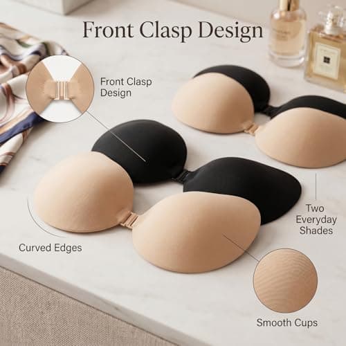 GEEKPC 4 Pcs Strapless Push Up Adhesive Bra with Front Clasp, 3D Cups, Reusable Silicone Invisible Bras for Backless Dresses, Weddings, Parties & Travel (2 Black D + 2 Nude D) — view 5