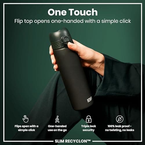Ion8 Water Bottle, 500 ml/18 oz, Leak Proof, Easy to Open, Secure Lock, Dishwasher Safe, BPA Free, Hygienic Flip Cover, Carry Handle, Fits Cup Holders, Easy Clean, Carbon Neutral, Dark Green — view 3