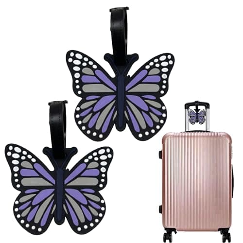 Gdrghe 2Pack Cute Butterfly Silicone Luggage Tags Easy Identification Suitcase Tags with Name Card Holder for Travel Accessories Handbag Backpacks