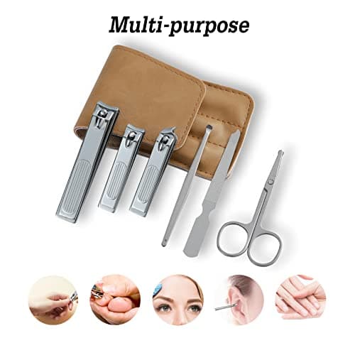 6 Pcs Nail Clipper Set, Stainless Steel Fingernail & Toenail Clippers with Beige PU Leather Case, Ergonomic Sharp Manicure Grooming Kit, Portable Nail Care Gift for Home Travel Men Women — view 2
