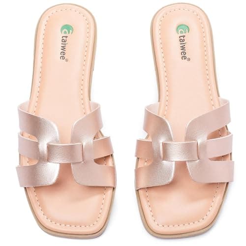Ataiwee Women's Dressy H Flat Slide Sandals Faux Leather slippers,Gold 8