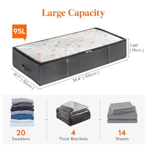 Lifewit 2 Pack 95L Under Bed Storage, Underbed Storage Boxes with lid Clothes Storage Bag Wardrobe Storage Organiser with Reinforced Handle, PVC Window for Duvet, Blanket, Clothing, Shoes, Grey — view 2