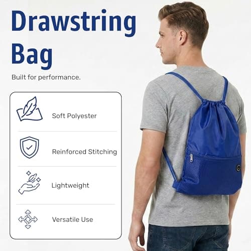 Bodygenix Unisex Drawstring Backpack for Sports – Lightweight Polyester Bag with Front Zip Pocket & Headphone Port – Waterproof Cinch String Bag for Sports, School, Swim, Travel & Beach Use - Blue — view 2