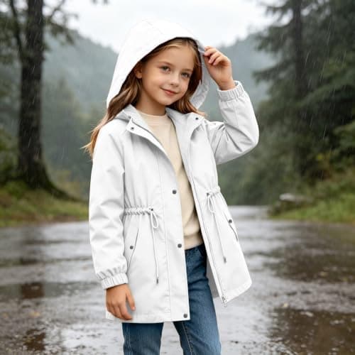 White Girls Waterproof Jacket Windproof Hooded Raincoat Outdoor 11 Years — view 3