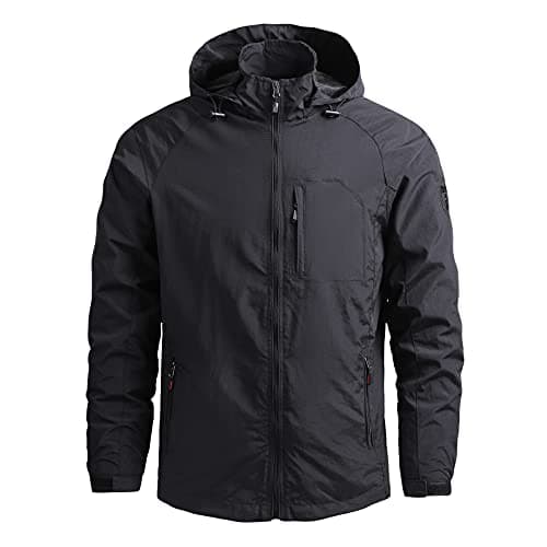 Waterproof Jacket Mens Lightweight Full Zip Windbreaker Outdoor Raincoat Detachable Hooded Softshell Rain Jacket Windproof Military Outerwear for Travelling Camping Running Hiking Black XL